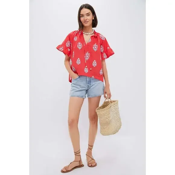 TUCKERNUCK BEACH Scarlet Bouquet Blockprint Cassis Top Size XS NWT - Picture 6 of 7